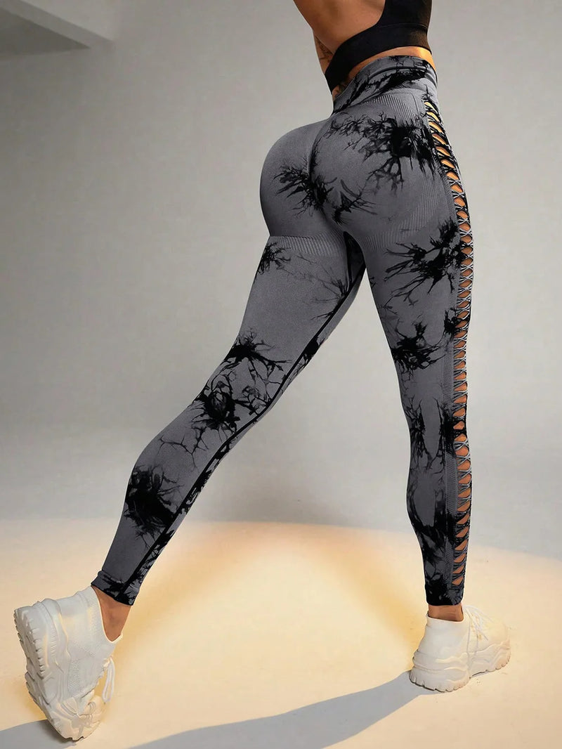 Calça Legging Moderna Cintura Alta Tie Dye Academia Detalhes Laterais