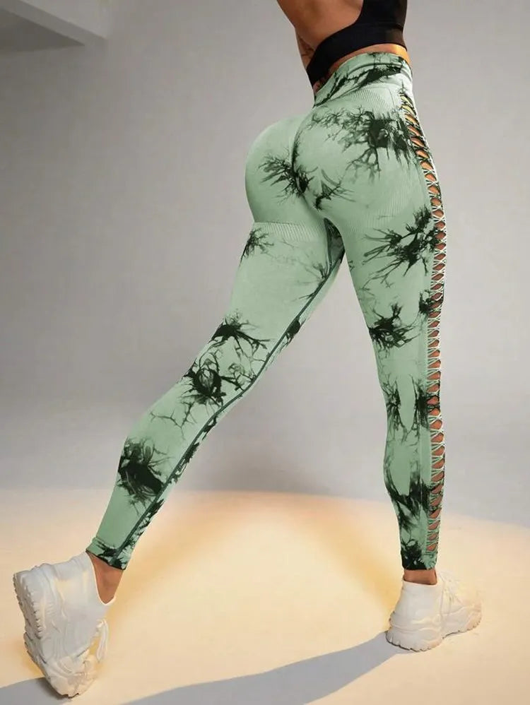 Calça Legging Moderna Cintura Alta Tie Dye Academia Detalhes Laterais