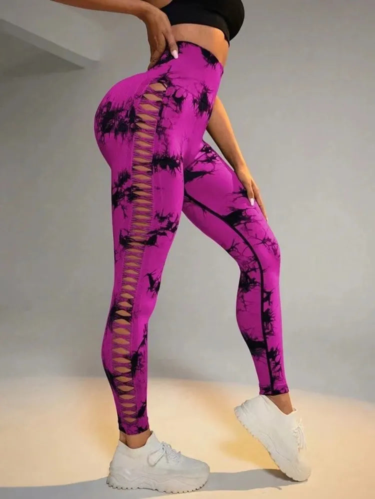 Calça Legging Moderna Cintura Alta Tie Dye Academia Detalhes Laterais